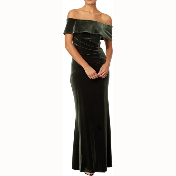 Xscape - Green Off-Shoulder Stretch Velvet Gown: - Picture 1 of 14